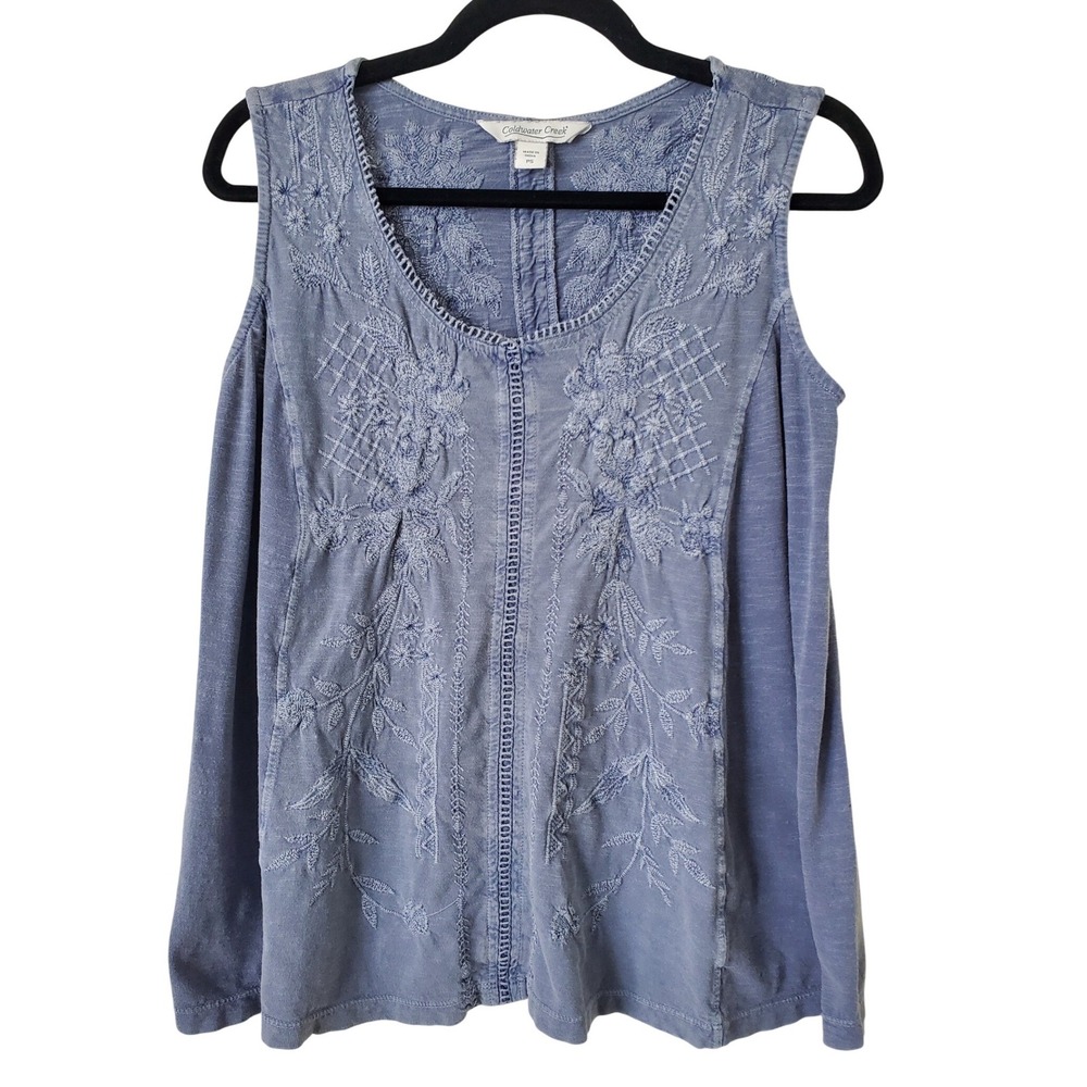 Coldwater‎ Creek Blue Embroidered Cotton Slub Knit Tank Top Small P Bohemian